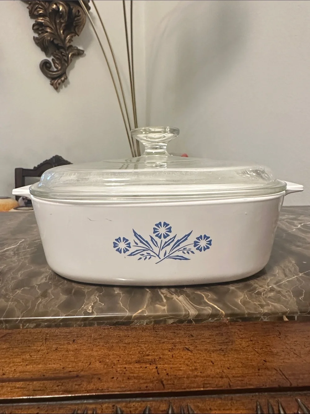 Corningware White Casserole with Blue Flower Motif and Glass Lid